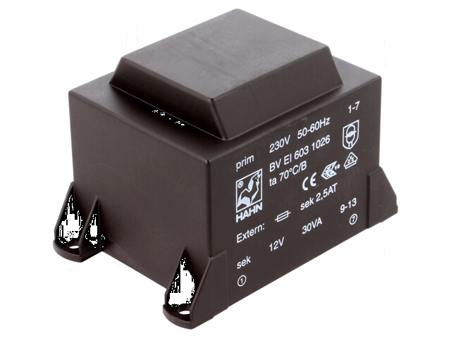 Transformator: ingegoten; 30VA; 230VAC; 12V; 2,5A; PCB; BVEI Transformator: ingegoten; 30VA; 230VAC; 12V; 2,5A; PCB; BVEI